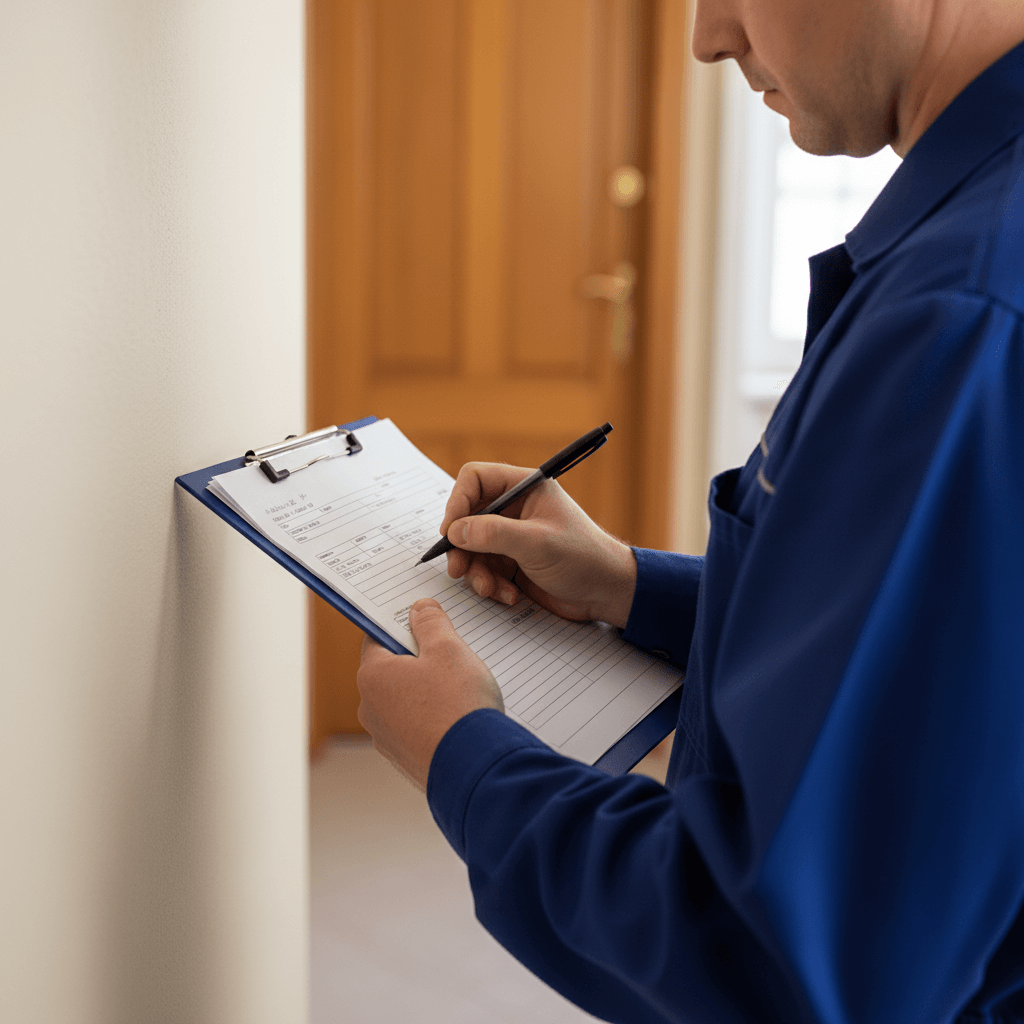 Schädlingsbekämpfer füllt ein Protokoll auf einem Klemmbrett aus