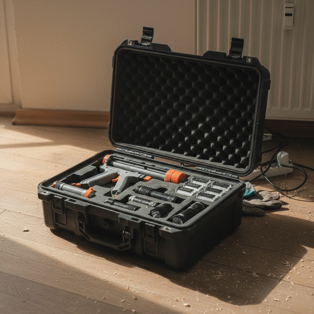 Profi-Ausrüstung zur Schädlingsbekämpfung in einem Koffer auf dem Boden