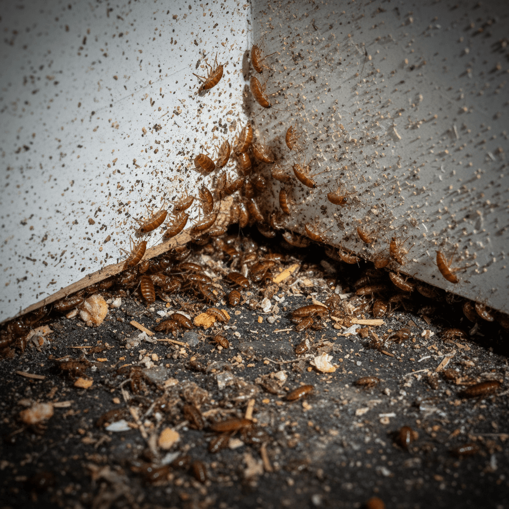 Nahaufnahme eines Schädlingsbekämpfers, der professionelles Gel zur Kakerlakenbekämpfung in einer Küche aufträgt